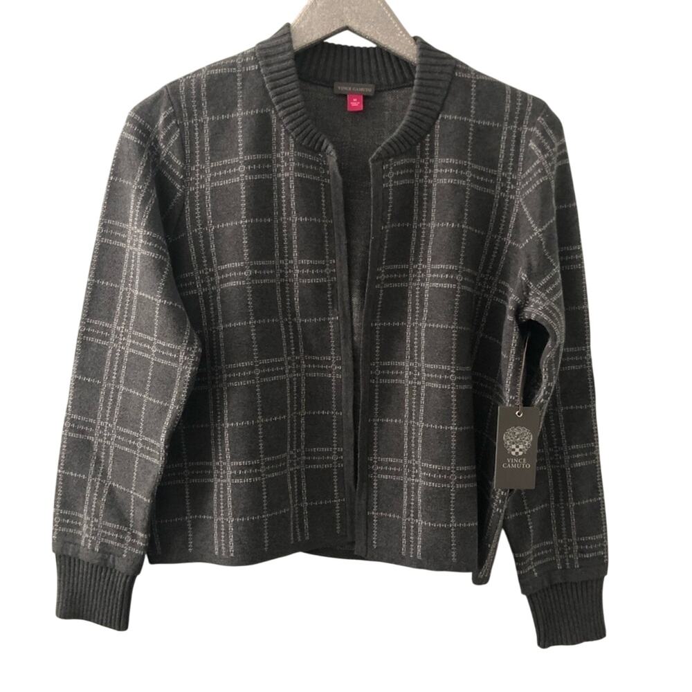 Vince Camuto Windowpane Open Front Knit Cardigan Sweater Gray NEW